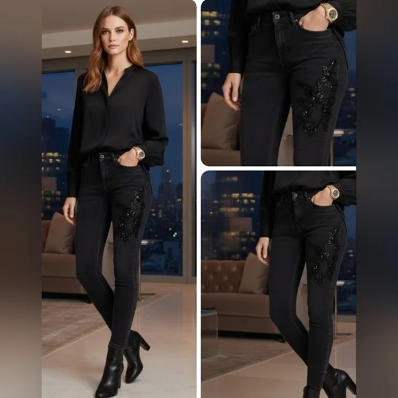 Zara Denim with Embroidered flower and Beads Jeans Size 6 - Picture 1 of 16